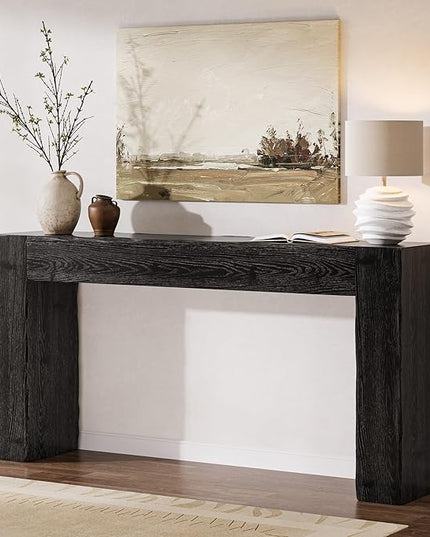 Solid Wood Console Table, 63-Inch Farmhouse Sofa Table Behind Couch for Entryway, Living Room, Foyer, Easy Assembly (Black)