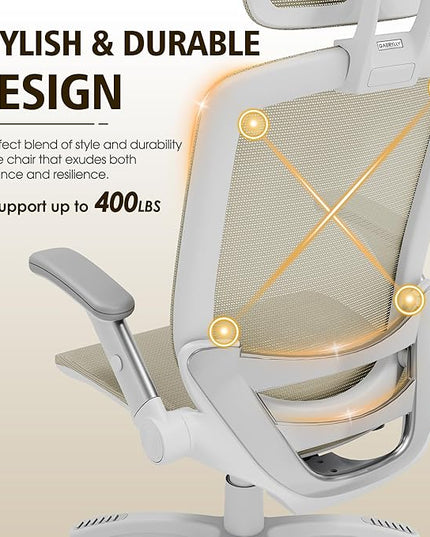 GABRYLLY Ergonomic Office Chair, High Back Home Desk Chair with Headrest, Flip-Up Arms, 90-120° Tilt Lock and Wide Cushion, 400LBS Mesh Chairs for Man Woman, White Task Chair(Beige,GY01WBG)