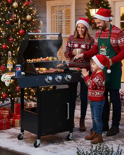 Q042-3-Burner w/Side Burner Gas Grill with 241 SQ.IN. Outdoor Grill with 36,000 BTU,Propane Grills with Top Cover Lid,Grills Outdoor Cooking for Patios,Balcony,Camping,Garden