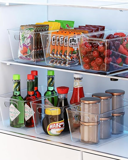 6 Pack Clear Pantry Organizer Bins, Fridge Organiser Set, Plastic Containers with Handle,Home Organization Must Haves for Kitchen,Freezer,Cabinet,Closet,Bathroom Under Sink Storage