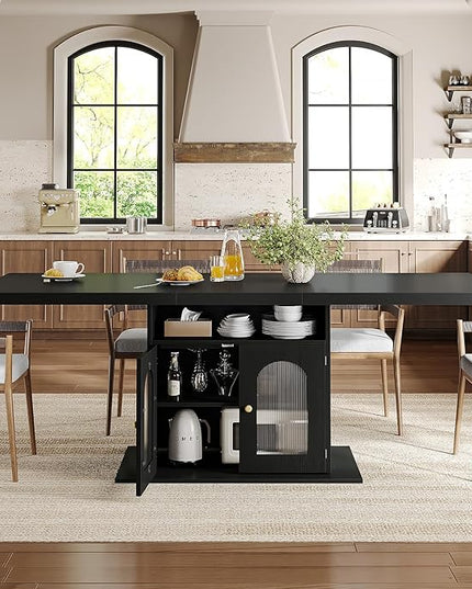HSH Black Dining Table for 4 to 6, Modern Kitchen Dining Room Table with 3-Tier Storage Shelf and Acrylic Door Cabinet, Rectangular Wooden Dinner Tables for Home Kitchen Living Room, Black Oak，63 in