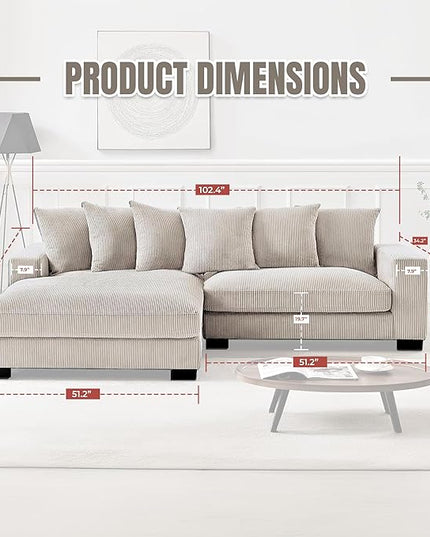 Luxe Oversized Two-Piece Sectional Couches for Living Room, 102.4-Inch L Shaped Sofa with Chaise, Upholstered with Corduroy Fabric, Ivory - Left Facing