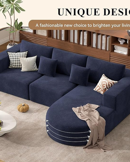 Boneless Couches for Living Room,Modular Sectional Sofa with Ottoman,Cloud Couch in a Box,Sponge Compression U Shaped Sofas with Chaise No Assembly Required(Blue-Corduroy Fabric) 1pcs