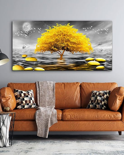 hyidecorart Canvas Wall Art 30"X60" - Black And White Ocean Scenery & Yellow Tree Art Print, Large Wall Decor Posters Abstract Pictures for Living Room, Bedroom, Office Modern Home Decor