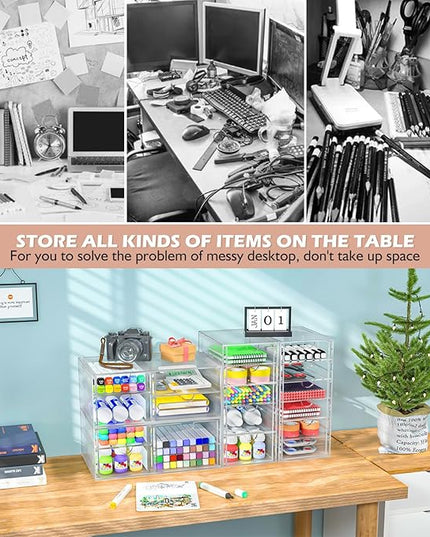 2 Pack Desk Organizers, Makeup Organizer Storage with 7 Drawers, Desktop Office Supplies, Clear Desk Accessories, Dustproof Drawer Organizer and Storage for Make Up, Jewelry, Pen