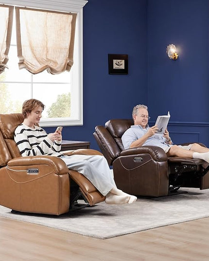 Watson & Whitely Genuine Leather Power Recliner Chairs for Adults, Wall Hugger RV Recliner with Power Headrest & Charging Ports, Electric Recliner Sofa Chair for Living Room, Saddle Brown