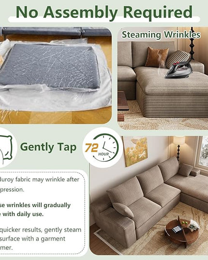 107" Cloud Couch Modular Sectional Sofa for Living Room, L-Shape Boneless Couch with Deep Seat, Modern Corduroy 3-Seater, No Assembly Required (Camel,Right-Facing Chaise)