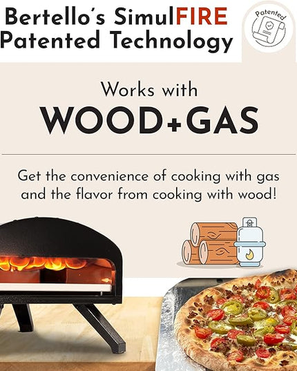 Bertello SimulFIRE Outdoor Pizza Oven Bundle - Wood Fire Portable 12 inch Brick Oven with Gas Burner, Peel, Wood Tray, Cover, & Thermometer - Portable Pizza Maker - As Seen on SHARK TANK