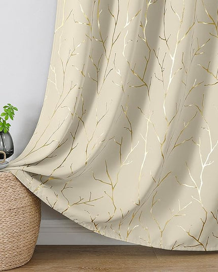 BUHUA Blackout Curtains Gold Tree Print Flower Grommet Drapes, Room Darkening Thermal Insulated Curtains, Noise Reducing Blackout Curtain for Bedroom, Beige, 52Wx72L, 2 Panels