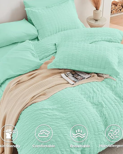 HYMOKEGE Mint Green King Size Comforter Set Seersucker 7 Pieces, All Season Luxury Bed in a Bag for Bedroom, Bedding Set with Comforter, Sheets, Pillowcases & Shams