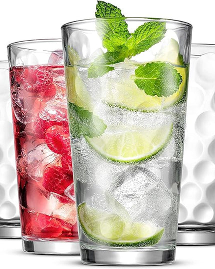 Set of 12 Elegant Everyday Stackable Drinking Glasses - Includes 4-17oz Highball Tumbler Glassware, 4-13oz DOF Rock Glasses, 4-7oz Juice Glasses for Mixed Drinks, Water, Beer, Wine.