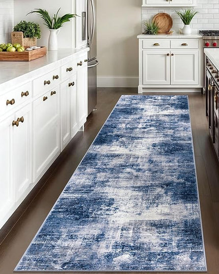 IOHOUZE Abstract Runner Rug 3x10 Ft Washable Runners for Hallways, Non Slip Kitchen Runner Printed Faux Wool Entryway Runner Indoor, Modern Abstract Floor Carpet for Hall Bedroom, Navy/Grey