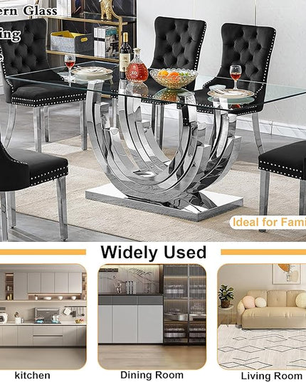 Goujxcy 70" Modern Glass Dining Table for 6-8, Luxury Silver Glass Dining Room Table with Mirrored Ring-Shape Stainless Steel Base, Rectangle Kitchen Dinner Tables for Dining Room Kitchen