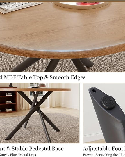 45.3 Inch Modern Round Dining Table for 4, Space-Saving Dinette with Carbon Steel Legs for Home Kitchen Apartment(Oak Table)