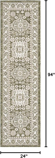 Rugs.com Outdoor Aztec Collection Rug – 8 Ft Runner Green Flatweave Rug Perfect for Hallways, Entryways