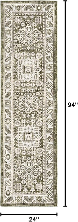Rugs.com Outdoor Aztec Collection Rug – 8 Ft Runner Green Flatweave Rug Perfect for Hallways, Entryways