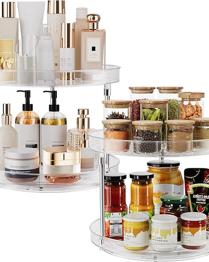 2 Pack 10.6-Inch 2 Tier Lazy Susan Organizer, 360 Degree Rotating Clear Turntable for Cabinet, Makeup and Perfume Organizer for Vanity, Kitchen, and Bathroom Counter Tray