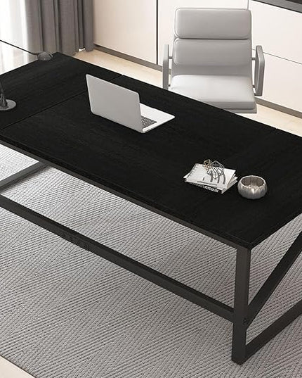 HSH 70 Inch Long Black Desk, Large Metal Wood Computer Desk for 2 Monitors, Modern Home Office PC Laptop Desk for 2 People Executive Writing Work Study Gaming, Simple Bedroom Living Room Black Table