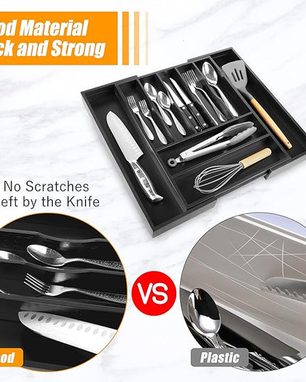 Bellsal Large Premium Bamboo Silverware Organizer - Expandable Utensil Drawer Organizer - 17"x19.6" Utensil Holder and Cutlery Tray with Grooved for Kitchen Flatware and Utensils(7-9 Slot, Black)