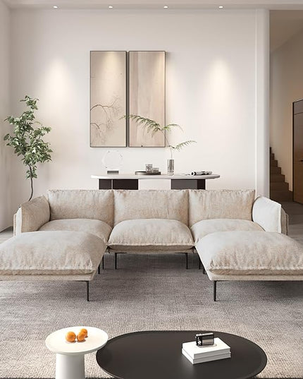 WJShome Velvet Modular Sectional Sofa with Chaise,111" Modern U-Shaped Couch for Living Room, 3-Seater Sofa with 2 Ottomans with Removable Cushions and 8" High Metal Legs, Easy to Clean, Oatmeal