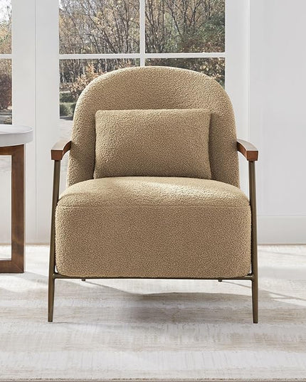 CHITA Accent Chair for Living Room, FSC Certified Modern Upholstered Faux Sherpa Fabric Armchair with Metal Frame and Wooden Armrests, Camel