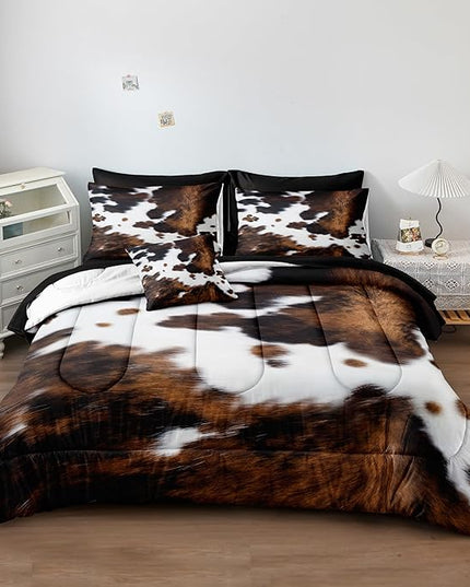 Bedbay Cow Print Comforter Set Queen Size Animal Skin Bedding 8 Pcs Queen Bed in a Bag Western Cowhide Rustic Bedding Brown Milk Cow Print Bed Set for All Seasons(Brown,Queen)