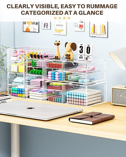 Makeup Organizer Storage with 16 Drawers, 4 Pcs Desktop Office Supplies, Desk Organizers, Clear Accessories, Dustproof Storage Drawer and for Make Up, Jewelry, Pen, Stationary