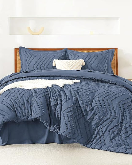 Litanika Full Size Comforter Set with Sheets Ocean Blue - 7 Pieces Bed in a Bag Full Chevron Tufted Complete Bedding Sets with Comforter, Sheets, Pillowcases & Shams