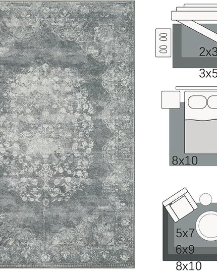 jinchan Vintage Floral 5x7 Area Rugs - Machine Washable Distressed Design Soft Ultra-Thin Low-Pile Non-Slip Carpet for Kitchen Bedroom Nursery Living Room Dining Room Home Office (5x7ft, Grey)