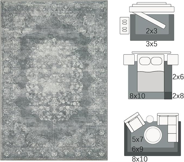 jinchan Vintage Floral 5x7 Area Rugs - Machine Washable Distressed Design Soft Ultra-Thin Low-Pile Non-Slip Carpet for Kitchen Bedroom Nursery Living Room Dining Room Home Office (5x7ft, Grey)