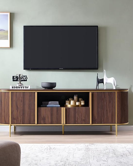 OKD Luxury 70" Fluted TV Stand, Modern Chic Entertainment Center for TVs Up to 80 inches, TV Console with Faux Marble Top, Curved Profile Design, Media Console for Living Room, (Dark Walnut)