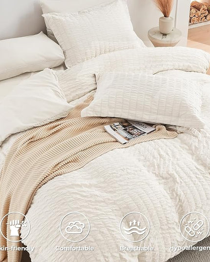 HYMOKEGE Ivory King Size Comforter Set Seersucker 7 Pieces, All Season Luxury Bed in a Bag for Bedroom, Bedding Set with Comforters, Sheets, Pillowcases & Shams
