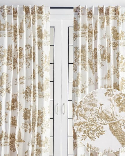 Maison d' Hermine Curtains for Living Room 100% Cotton 124 inch Length Two Panels Light Filtering Toile Curtains for Bedroom Windows with Rod and Loop Pockets Drapes (Trianon Bronze, 50" W x 124" L)