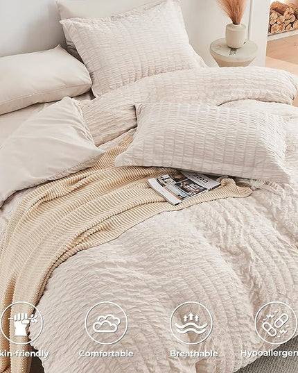 HYMOKEGE Beige Oversized King Comforter Set Seersucker 7 Pieces, All Season Luxury Bed in a Bag for Bedroom, Bedding Set with Comforter, Sheets, Pillowcases & Shams