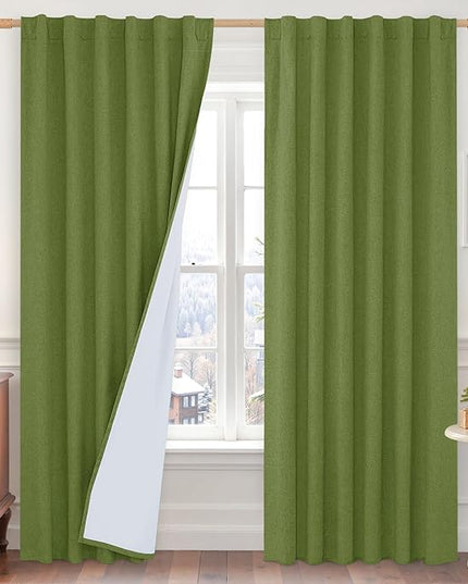 LAMIT Olive Green 100% Blackout Linen Curtains, 84 Inch Linen Textured Living Room Bedroom Drapes Room Darkening Back Tab and Rod Pocket Christmas Panels with White Liner, 2 Panels, 52 x 84 Inch