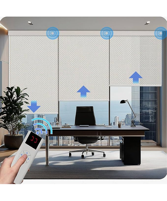 Motorized Blinds with Remote Cordless Automatic Motorized Solar Shades Custom Light Filtering Blinds for Windows Smart Curtains Compatible with Alexa Google Home(Solar,Beige)