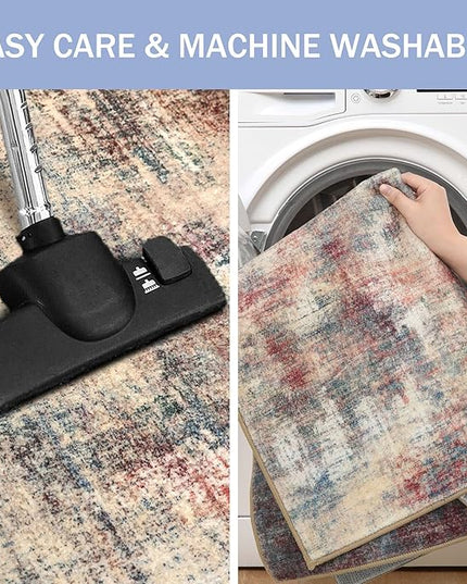 IOHOUZE Small Abstract Area Rug 2x3 Ft Entryway Rugs Washable Door Mat Indoor Entrance, Rubber Backed Throw Rugs, Printed Faux Wool Non Slip Floor Carpet for Foyer Front Door Sink, Red/Multi