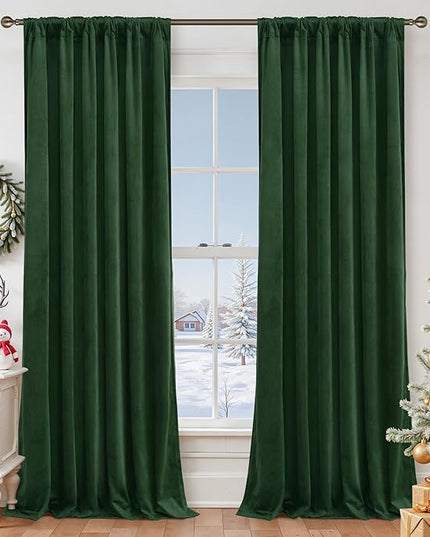 LAMIT Velvet Curtains 108 Inch for Living Room, Thermal Room Darkening Panels Noise Reducing Back Tab and Rod Pocket Christmas Drapes for Bedroom, Set of 2 Panels, Emerald Green, 52 x 108 Inch