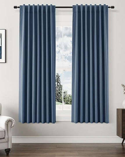Guken Blackout Curtains 63 Inch Length 2 Panels Set for Living Room Bedroom Back Tab Thermal Insulated 100% Black Out Linen Drapes Room Darkening Window Curtains 63 Inches Long,Denim Blue