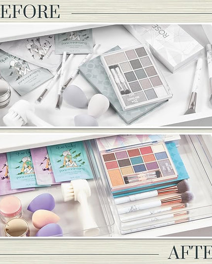 STORi SimpleSort 2-Piece Stackable Clear Drawer Organizer Set | 12" x 9" x 2" Rectangle Trays | Wide Makeup Vanity Storage Bins and Office Desk Drawer Dividers | Made in USA