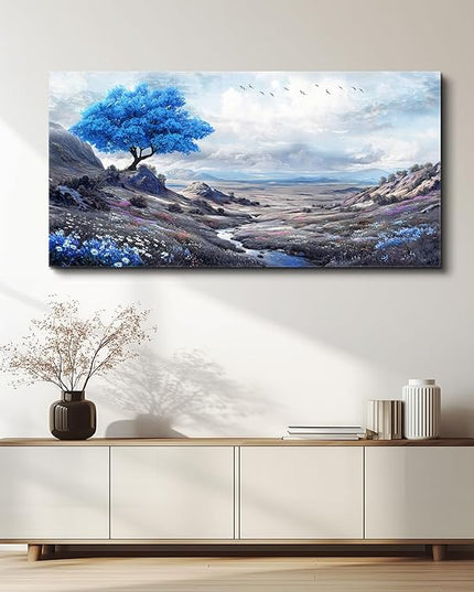 XIGUANGART Blue Flowers Tree of Life Art Prints Painting Landscape Canvas Wall Art for Bedroom Nature Picture Modern Artwork Wall Decor for Living Room Kitchen Home Office Mural Posters Gift 24"X48"