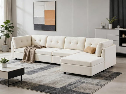 VANOMi 118" Modular Sectional Sofa with Ottoman, 4 Seater Cloud Sofas & Couches, Cozy Chenille Sectional Couches for Living Room, Apartment, Office, White, L Shaped