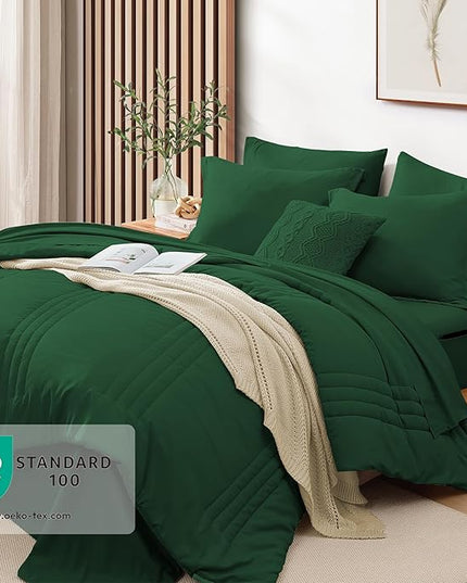 Monbix King Size Comforter Set - 7 Pieces Bed in a Bag King, Emerald Green Bedding Sets with Comforter, All Seasons Comforter Bed Set with Sheets, Pillowcases & Shams