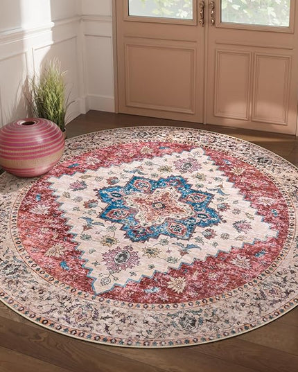 Ciicool Boho 5x5ft Round Area Rug Washable Bedroom Rug Non-Slip Oriental Entryway Throw Rug Low-Pile Indoor Carpet for Dining Room