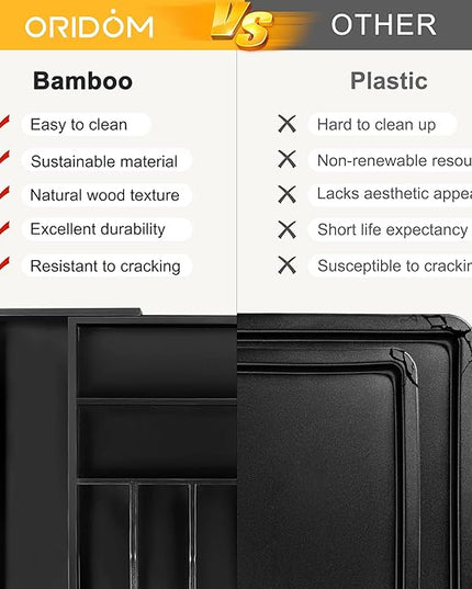 Large Premium Bamboo Silverware Organizer - Expandable Drawer Organizer & Utensil Organizer - 17"x19.7" Cutlery Tray with Dividers for Kitchen Utensils and Flatware (7-9 Slots) (Black)