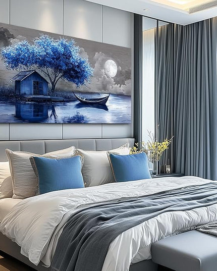 XIGUANGART Large Canvas Wall Art for Living Room Blue Boat and House Picture Paintings Abstract Art Prints Modern Ocean Scenery Artwork Tree of Life Poster for Bedroom Bathroom Office Home Wall Decor