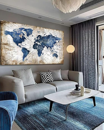 World Map Canvas Wall Art Abstract Navy World Maps for Wall Vintage Modern Wall Art for Office Framed Pictures for Living Room Bedroom Wall Decoration for Home Office Decor Artwork for Walls 29x58IN