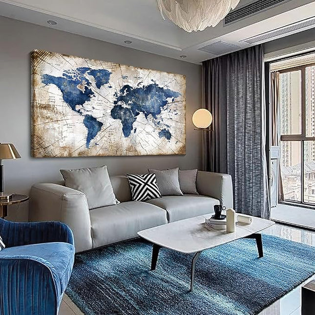 World Map Canvas Wall Art Abstract Navy World Maps for Wall Vintage Modern Wall Art for Office Framed Pictures for Living Room Bedroom Wall Decoration for Home Office Decor Artwork for Walls 29x58IN