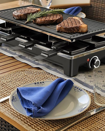Raclette Grill, Techwood Electric Table Indoor Grill Korean BBQ Grill, Removable 2-in-1 Non-Stick Grill Plate, 1500W Fast Heating with 8 Cheese Melt Pans, Ideal for Parties and Family Fun