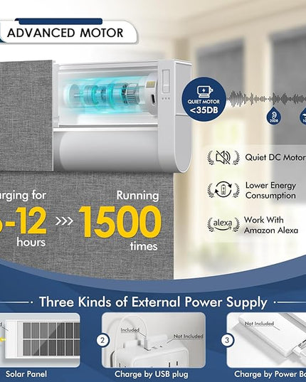 Motorized Blinds with Remote,100% Blackout Smart Roller Shades,Rechargeable Smart Blinds【Solar Panel Included】 Wireless Electric Cordless Shades with Cover Compatible with Alexa Grey 23 * 72